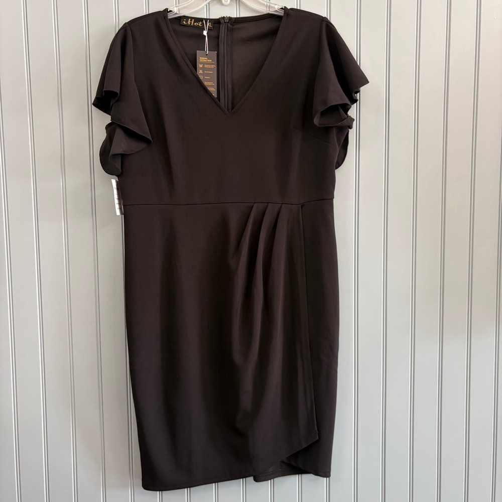 Women's iHot Black V-Neck Ruffle Sleeve Dress XL